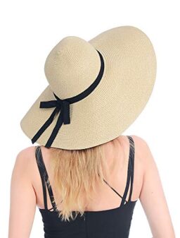 Womens Beach Straw Hat UPF 50 Wide Brim Sun Blocking Hat Foldable Summer Hat for Travel Floppy Sun Hat Women, Beige-a…