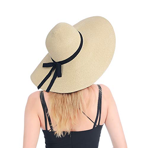 Womens Beach Straw Hat UPF 50 Wide Brim Sun Blocking Hat Foldable Summer Hat for Travel Floppy Sun Hat Women, Beige-a…