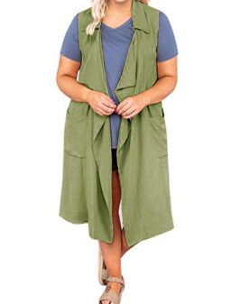 Womens Plus Size Sleeveless Open Front Long Cardigan Vest Casual Draped Lightweight Trench Coats