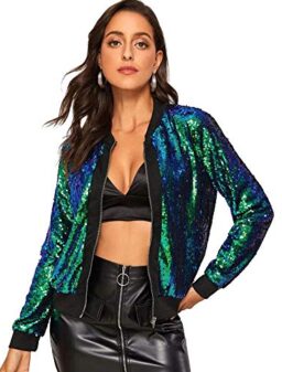 Womens Sequin Bomber Sequence Jackets - Glitter Blazer Top Sparkly Long Sleeve Zip Up Outfits