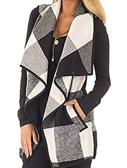 Womens Sleeveless Vest Plaid Hem Drape Open Front Cardigan
