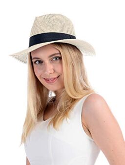 Womens Straw Hat Fedora Beach Sun Hat Fine Braid UPF50+ Wide Brim Straw Panama Roll up Hat Beige