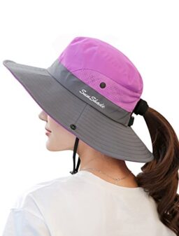 Muryobao Women's Ponytail Summer Sun UV Protection Hat Foldable Wide Brim Boonie Hats for Beach Safari Fishing