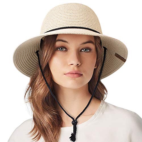 FURTALK Womens Wide Brim Sun Hat with Wind Lanyard UPF Summer Straw Sun Hats for Women