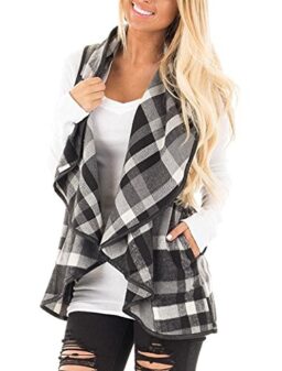 Yanekop Womens Lapel Sleeveless Open Front Hem Plaid Vest Cardigan Jacket With Pockets