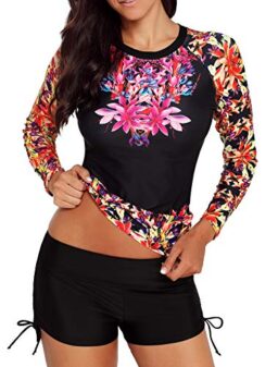 YATEEN Women's Long Sleeve Sun Protection Rash Guard Wetsuit Two Piece Swimsuit Set