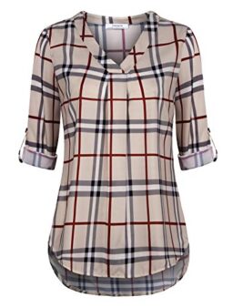 Youtalia Womens 3/4 Cuffed Sleeve Chiffon Printed V Neck Casual Blouse Shirt Tops