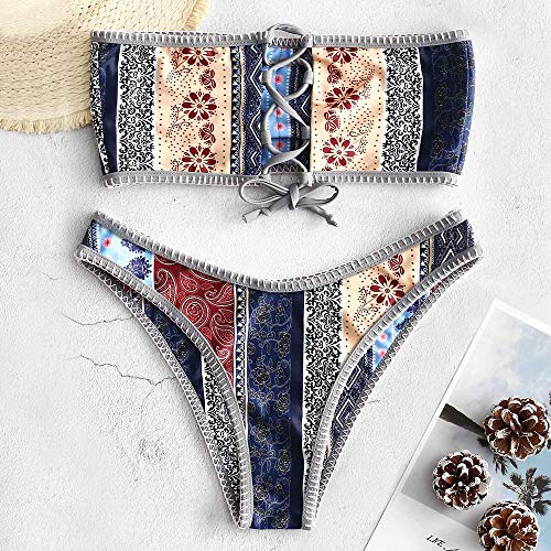 ZAFUL Women Strapless Bikini Set Lace Up Ribbed High Cut Bandeau 2 Piece Swimsuit - Image 4