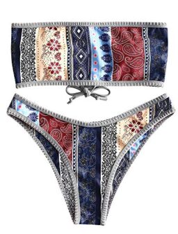 ZAFUL Women Strapless Bikini Set Lace Up Ribbed High Cut Bandeau 2 Piece Swimsuit