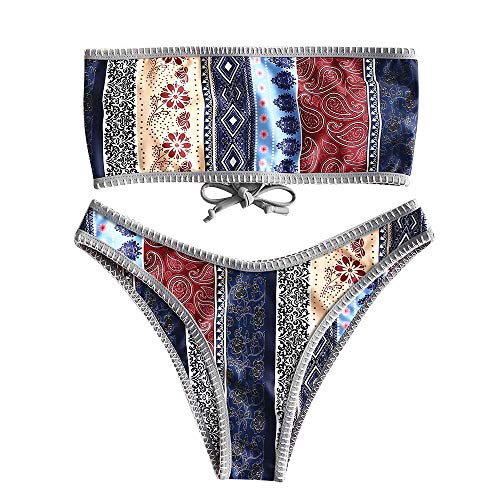 ZAFUL Women Strapless Bikini Set Lace Up Ribbed High Cut Bandeau 2 Piece Swimsuit