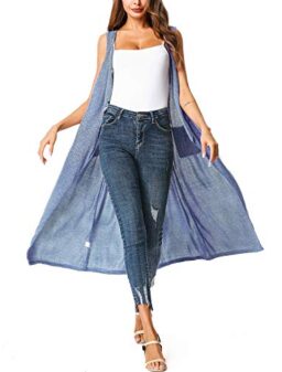 ZEGOLO Women's Long Open Front Cardigan Vest Drape Lightweight Duster Maxi Sleeveless Cardigans with Pockets & Belt