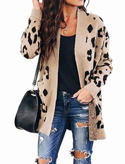 ZESICA Women's Long Sleeves Open Front Leopard Print Knitted Sweater Cardigan Coat Outwear