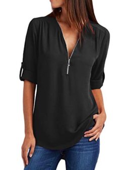 ZKESS Womens Casual Sleeveless V Neck Cuffed Pleated Zip Up Chiffon Blouse Shirts