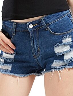 chouyatou Women's Perfectly Fit 5-Pockets Ripped Denim Jean Shorts