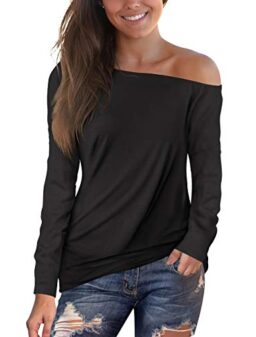 deqiang Women's Off Shoulder Tops Long Sleeve Casual Loose Blouse Plaid Tee Shirt