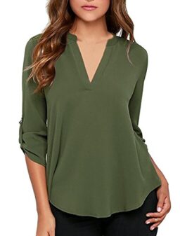 roswear Women's Business Casual V Neck Cuffed Sleeves Work Blouse Top