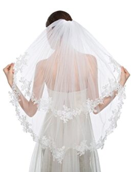 Edith qi Elegant Wedding Veil 2T Two-tier Elbow Veils Lace Applique Edge with Comb